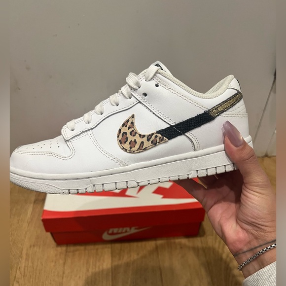 Nike Shoes - Women’s Nike Dunk Low - White Sneakers with Leopard Print Swoosh